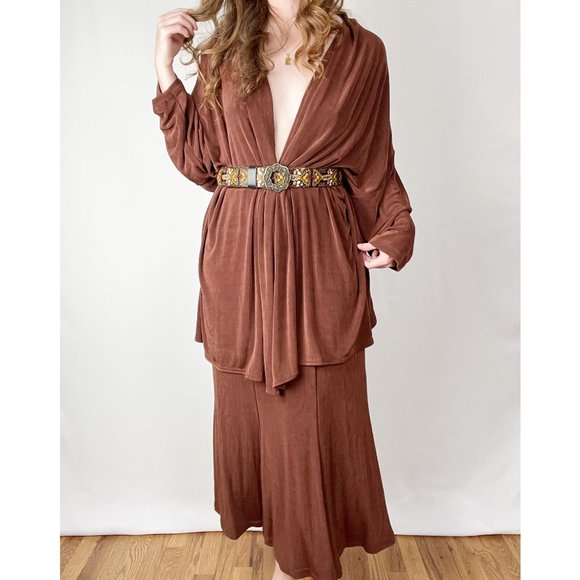 Vintage Chocolate Matching Set Midi Maxi High Rise Skirt Open Duster Cardigan - Picture 6 of 6